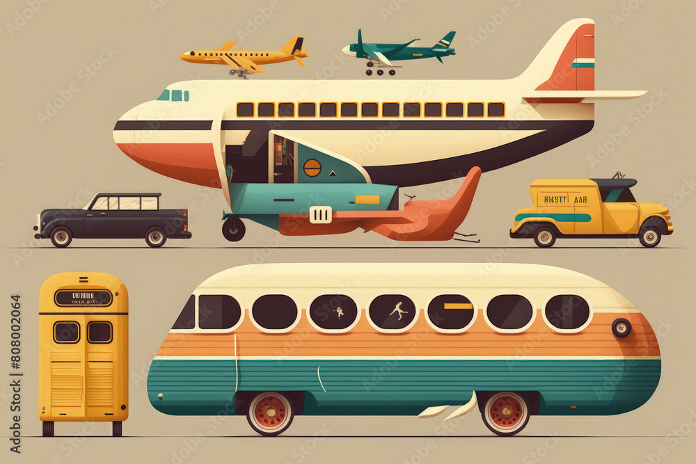 Retro Vehicle Collection Colorful Illustration