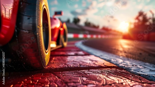 A closeup of Auto Racing Car, against Track as background, hyperrealistic sports accessory photography, copy space
