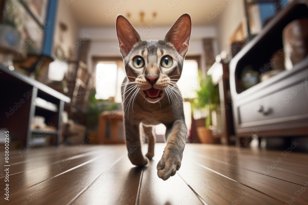Medium shot portrait photography of a happy oriental shorthair cat running isolated in cozy living room background Medium shot portrait photography of a happy oriental shorthair cat running isolated in cozy living room background