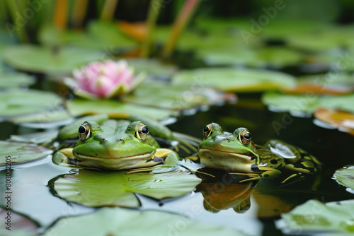 Two peaceful frogs resting on lily pads surrounded by water lilies in a tranquil pond