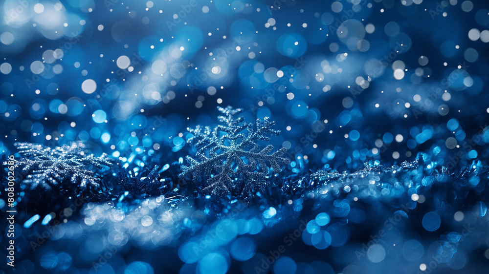 A snowflake is on a blue background with a blurry effect A snowflake is on a blue background with a blurry effect