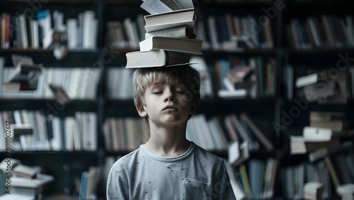 Schoolboy with floating books has a creative solution in a library setting. Concept Imaginative Concept Photography, Floating Books, Library Scene, Schoolboy, Creative Solutions photo