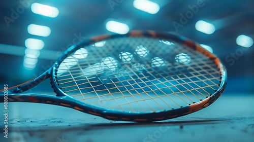 A closeup of Badminton racket, against Court as background, hyperrealistic sports accessory photography, copy space
