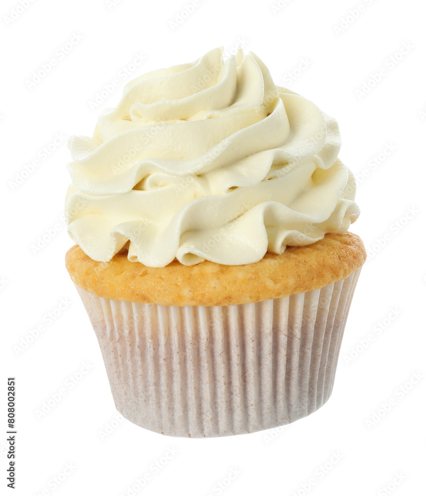Tasty vanilla cupcake with cream isolated on white Tasty vanilla cupcake with cream isolated on white