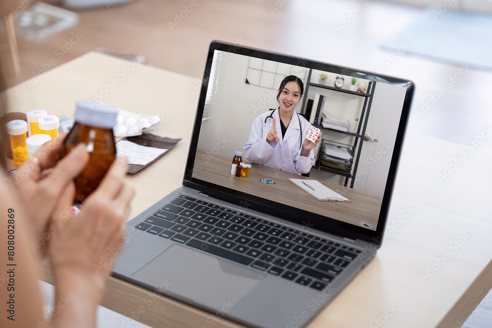 Elderly woman sit at home having online consultation with doctor on computer laptop, sick senior talk on video call consulting with nurse using laptop, healthcare concept Elderly woman sit at home having online consultation with doctor on computer laptop, sick senior talk on video call consulting with nurse using laptop, healthcare concept