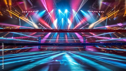 Professional boxing ring under the spotlight in an empty arena at night. Concept Boxing Ring, Spotlight, Empty Arena, Night Time, Professional Sports