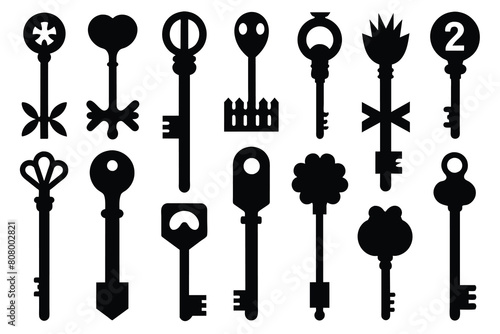 Set of Key black Silhouette Design with white Background and Vector Illustration