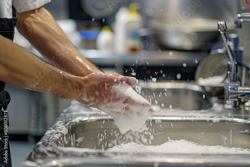 Close-up image of a chef washing hands with soap and water at a kitchen sink, emphasizing cleanliness and hygiene in food preparation.
