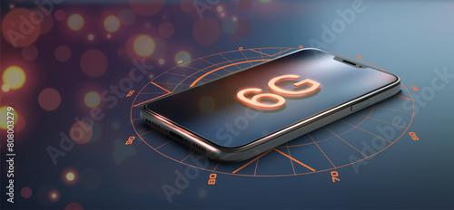 Futuristic 6G Network Concept on Smartphone Display Connectivity Graphics. Portrays an advanced 6G network concept on smartphone, highlighted by glowing connectivity graphics on a dynamic background.