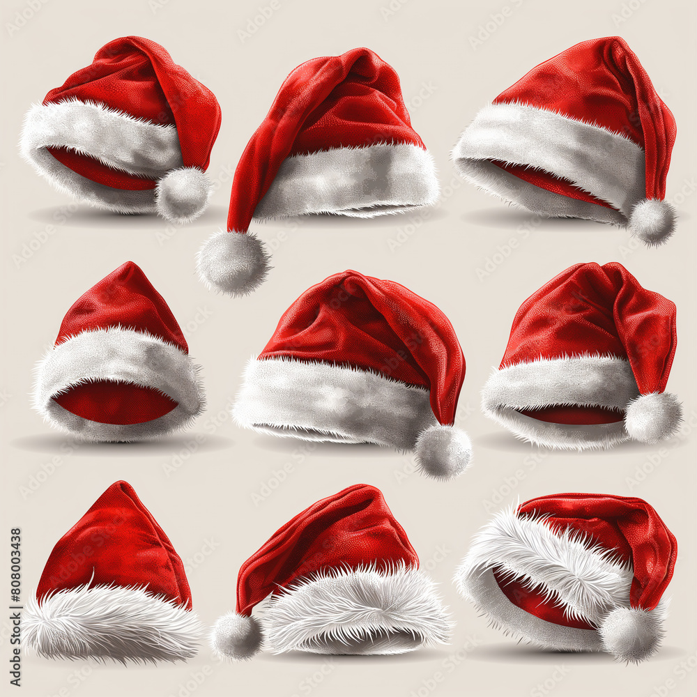 A collection of red and white Santa hats A collection of red and white Santa hats