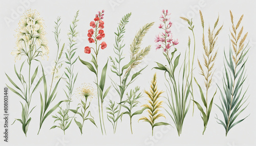 AI-generated botanical design collection featuring a selection of vector graphics of various plants, flowers, and grasses on a transparent background 