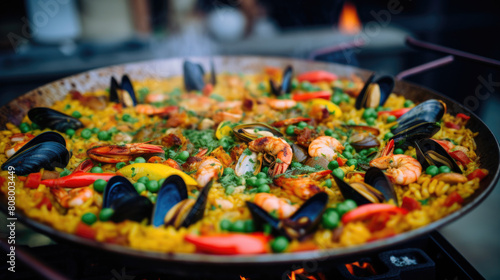 Seafood spanish paella close up with mussels  shrimp  vegetables  herbs in large pan