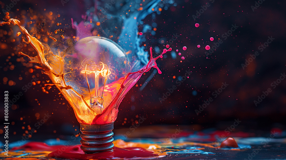 A colorful light bulb with splatters of paint surrounding it. Concept of creativity and artistic expression A colorful light bulb with splatters of paint surrounding it. Concept of creativity and artistic expression