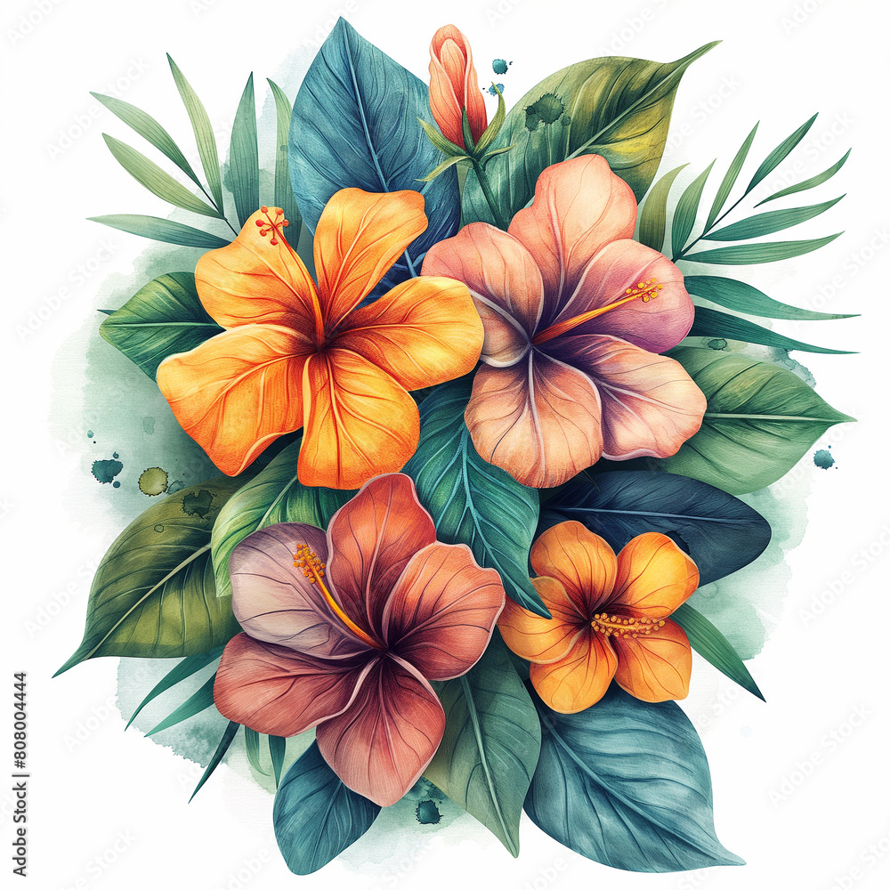 A colorful bouquet of flowers with a tropical theme A colorful bouquet of flowers with a tropical theme
