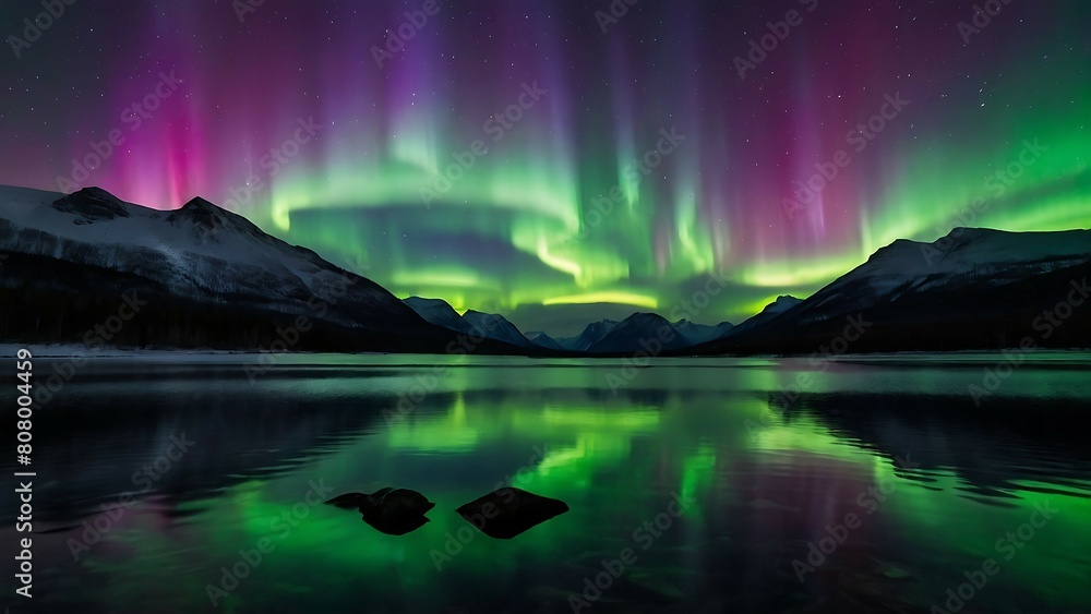Aurora borealis, northern lights over mountain lake, 