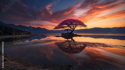 Beautiful sakura tree on the lake at sunset.
