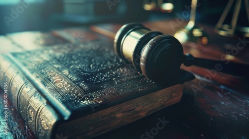 A judge's gavel resting on a law book, symbolizing legal authority and judgment photo