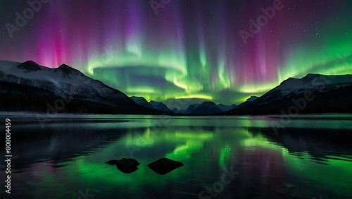 Aurora borealis, northern lights over mountain lake, 