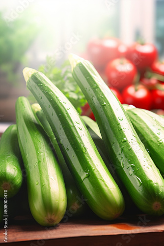 Freshly Watered Zucchinis on Wooden Surface with Sunlight and Tomato Backdrop in Market Setting