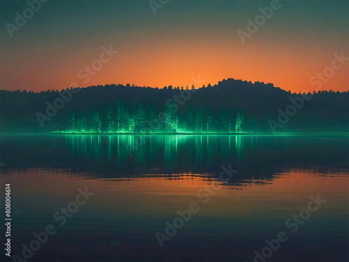 Mystical lighting by the lake. Deep night.