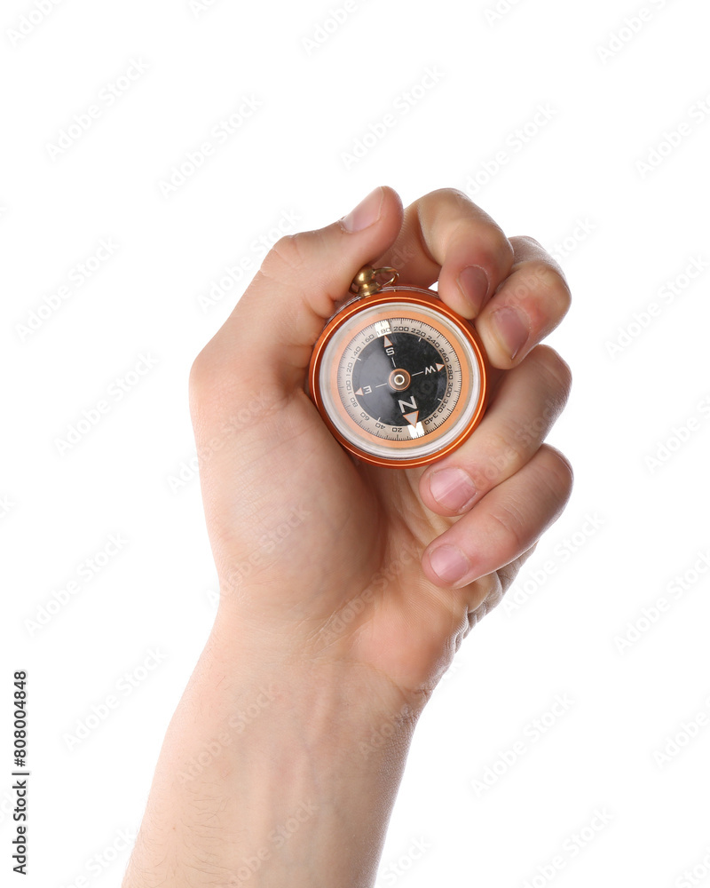 Man holding compass on white background, closeup Man holding compass on white background, closeup