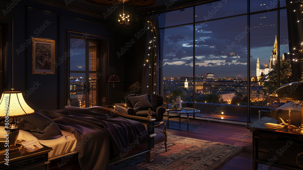 A penthouse bedroom at night, offering a view of the city's historic district from the bed