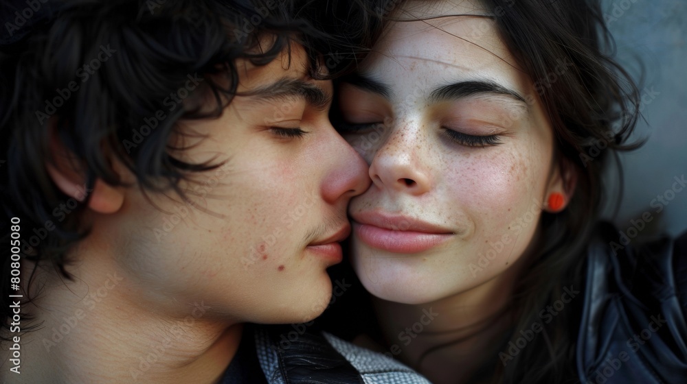 A young couple kissing each other on the cheek while looking into one another's eyes, AI