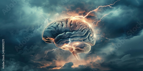 Conceptual illustration of human brain with lightning bolts emanating from top of head