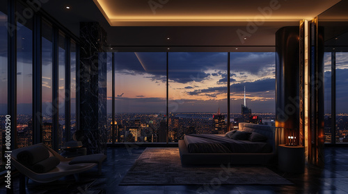 A penthouse bedroom at night  where luxury meets minimalism in a dark  brooding setting. 