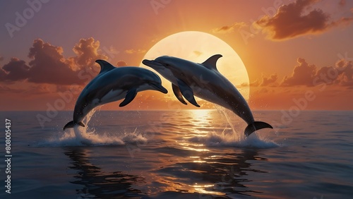 Dolphins jumping out of the water at sunset. 