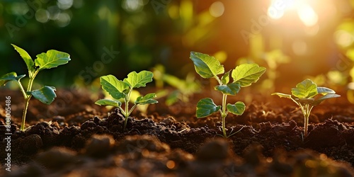 Seedlings grow in fertile soil under morning sun vital for ecological balance. Concept Gardening, Seedlings, Fertile Soil, Morning Sun, Ecological Balance