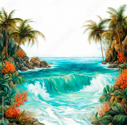A beautiful tropical island with palm trees in the style of ancient oil painting.