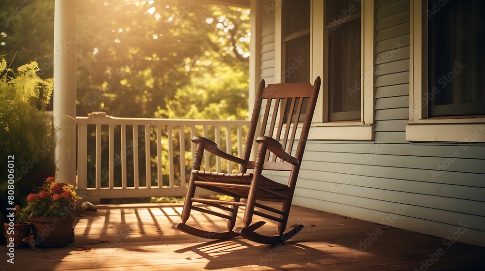 A vintage wooden rocking chair on a sun-drenched porch, offering a serene spot for afternoon relaxation
