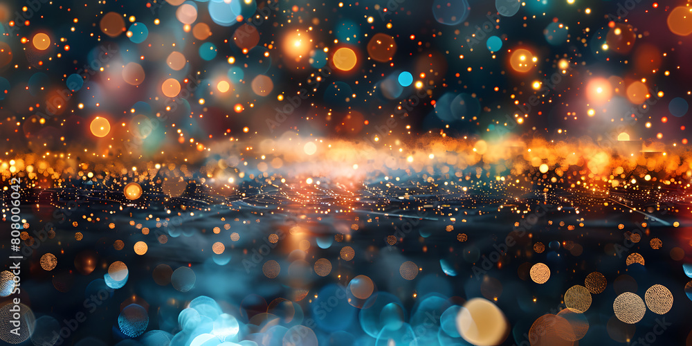 Reflective glass tabletop with a blurred night sky filled with fireworks, perfect for festive products or New Year's celebration items Reflective glass tabletop with a blurred night sky filled with fireworks, perfect for festive products or New Year's celebration items