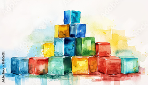 A stack of colorful blocks with a blue one on top