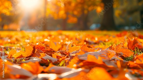 Orange fall leaves with a blurred autumn and sunrise background