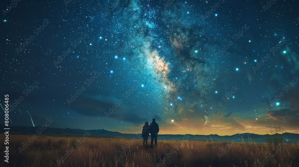Couple stargazing together in a vast field under a starry sky with visible Milky Way Couple stargazing together in a vast field under a starry sky with visible Milky Way