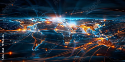 Visual representation of global internet activity through glowing nodes on virtual map. Concept Data Visualization  Global Connectivity  Internet Traffic  Virtual Mapping  Glowing Nodes