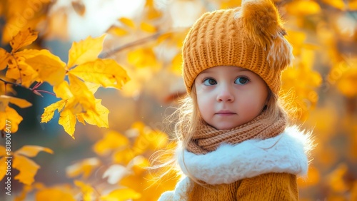 Portrait of a little girl wearing a woolen hat in the autumn.