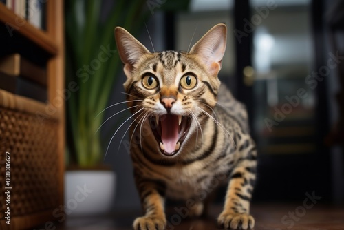 Environmental portrait photography of a happy savannah cat pouncing over cozy living room background