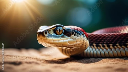 close-up of a black snake against a blurred natural background and sunlight photo