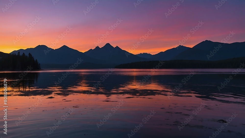 Mountains reflected in the lake at sunrise. 