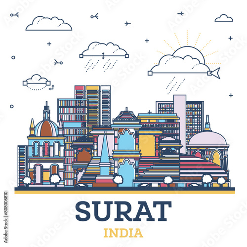 Outline Surat India City Skyline with Colored Modern and Historic Buildings Isolated on White. Surat Cityscape with Landmarks.
