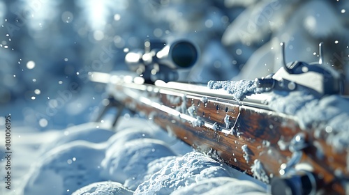 A closeup of Biathlon Cross-country ski, Rifle, against Varies as background, hyperrealistic sports accessory photography, copy space photo