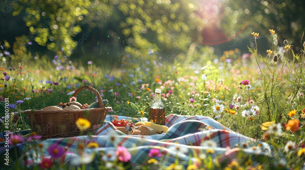Picnic in a quiet meadow surrounded by wildflowers. A picturesque meadow invites a leisurely feast. Picnic in a quiet meadow surrounded by wildflowers. A picturesque meadow invites a leisurely feast.