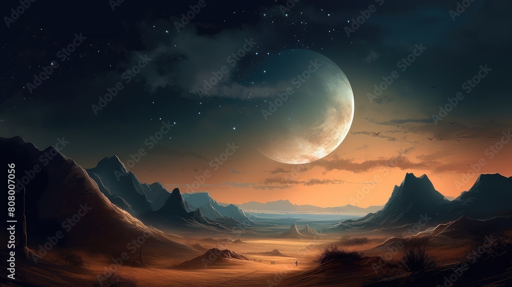 Majestic Moonrise Over Desert Mountain Landscape