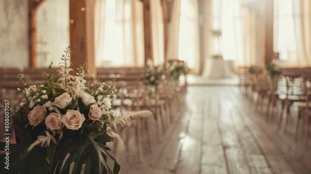 Rows of chairs in an empty wedding venue adorned with a bouquet of flowers