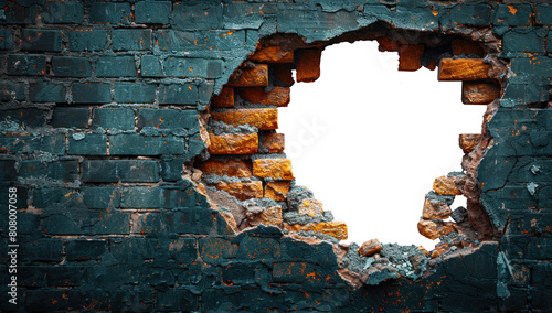 Hole in the wall of bricks against a transparent background. Symbol the concept of breaking through and visualizing new possibilities for life or business