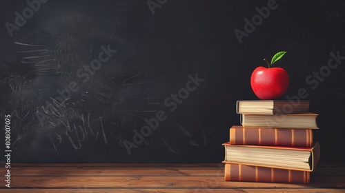 A stack of old books with a red apple on top against a chalkboard background. photo