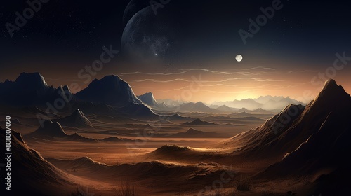 Tranquil Desert Mountain Vista at Moonlit Night